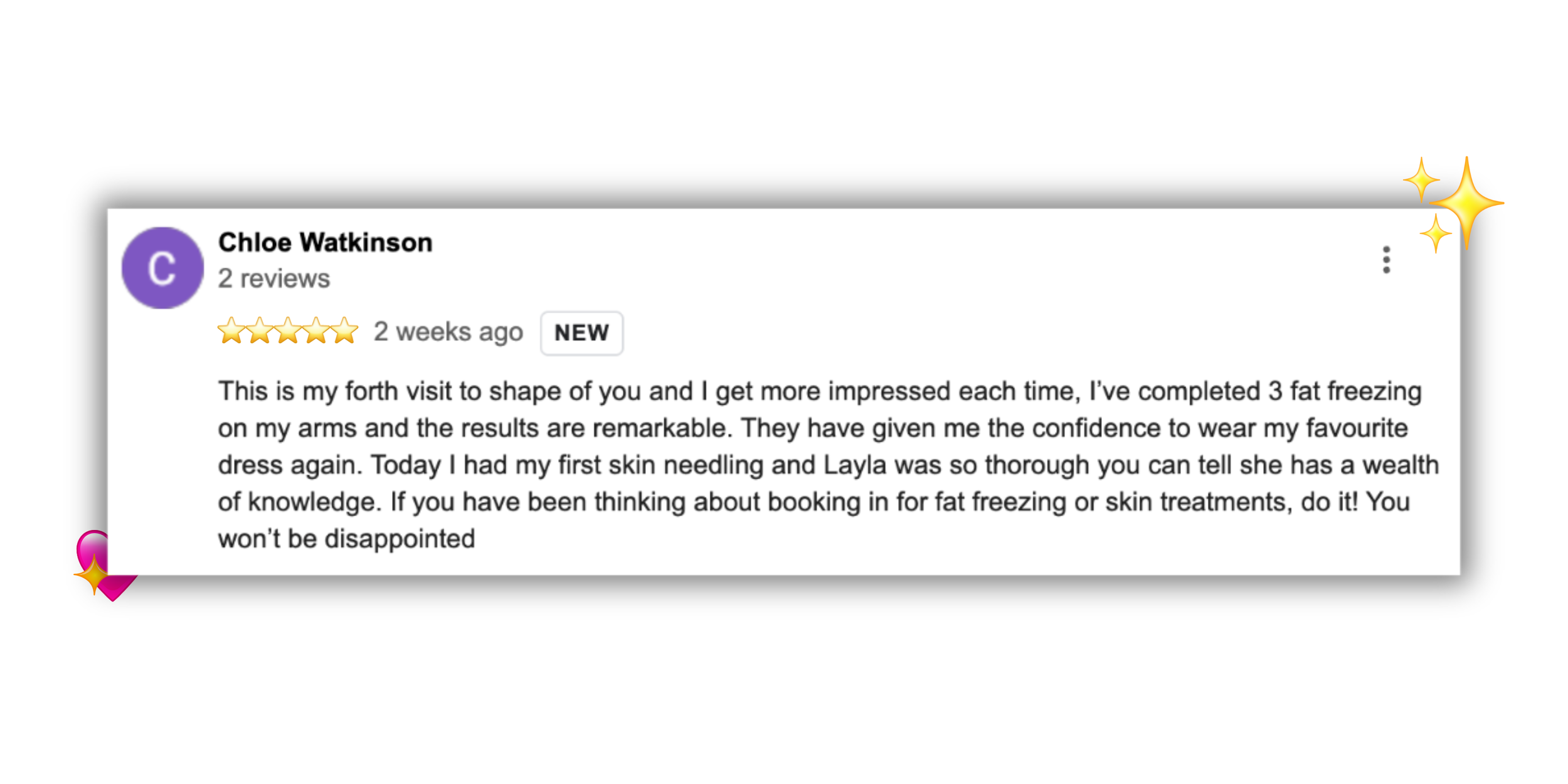 5 star Google reviews for fat freezing at Shape of You Perth